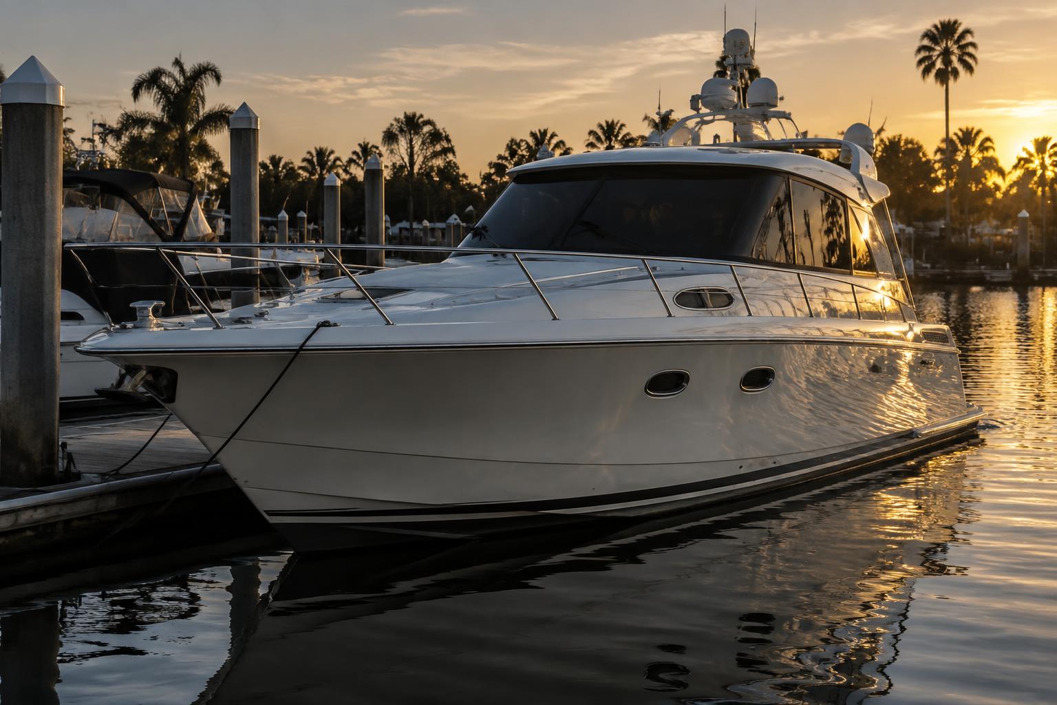 Cabin cruiser with tinted helm windows docked at a Delta marina
