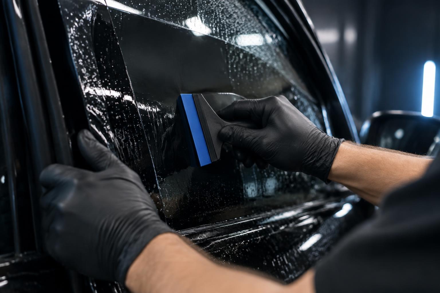 Close-up of window film being squeegeed onto glass