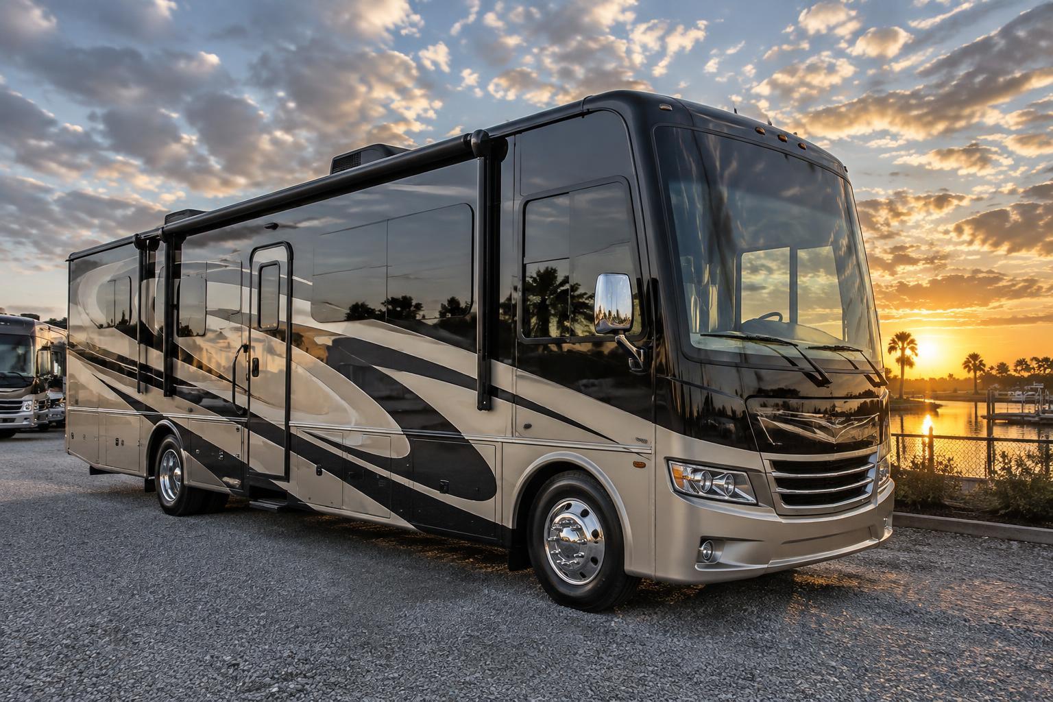Motorhome with tinted coach windows parked at a Delta storage lot